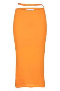 Packshot of orange low rise and straight long skirt 