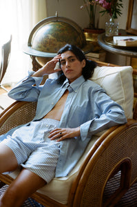 Malu Bancale wearing blue striped boxer shorts
